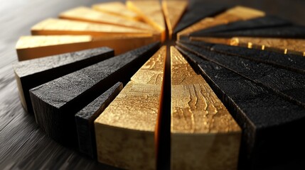 Poster - Elegant Arrangement of Golden and Black Wooden Segments on a Textured Surface Showcasing Unique Patterns and Color Contrasts for Creative Design Projects