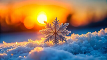 Poster - Closeup of a Snowflake on Soft Snow with a Warm Sunset in the Background, Showcasing Nature's Beauty and the Intricate Patterns of Winter's Frozen Artistry