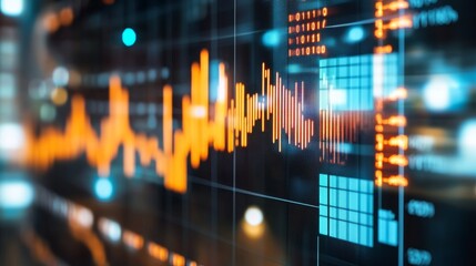 Poster - Abstract digital visualization of financial data with vibrant graphs and glowing bars representing market trends and statistical analysis in a modern environment