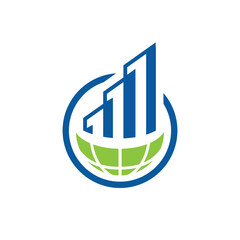 Wall Mural - this is a logo design of a blue graph bar in skyscrapers building shape that stand on a half globe s