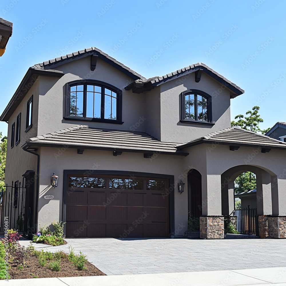 2 story home, Porpoise gray stucco, dark brown roofing, black trim ...
