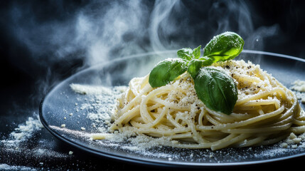 Gourmet pasta dish with basil and parmesan, steaming and delicious