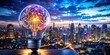 © Danicha - Creative Neon Brain Light Bulb Concept in a Vibrant Urban Setting with Double Exposure Effect Capturing the Fusion of Ideas and City Life for Inspiring Visuals