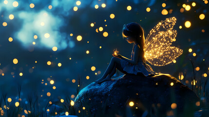 Sticker - Little girl fairy angel sitting on rock with firefly light glow around blue background, generative ai. Glittering Firefly Meadow. Illustration