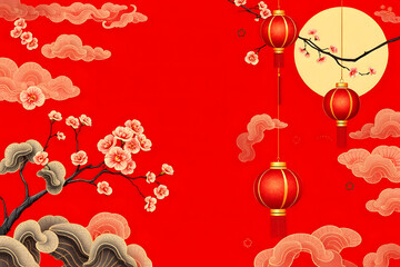 Backgrounds with traditional Chinese patterns, such as clouds and plum blossoms, are elegantly supported by a red background.