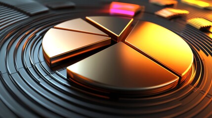 Poster - Metallic Golden Pie Chart on Circular Surface with Depth Effects, Reflective Surfaces and Layers, Modern Visualization of Data or Information Analysis in 3D