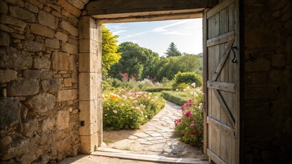 a stone door slowly opening to reveal a bright light and a garden filled with flowers, symbolic rene