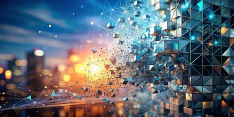 Digital Disintegration of Geometric Patterns Illustrating a Full Stack Developer's Journey Through Technological Evolution with Bokeh Effect Background