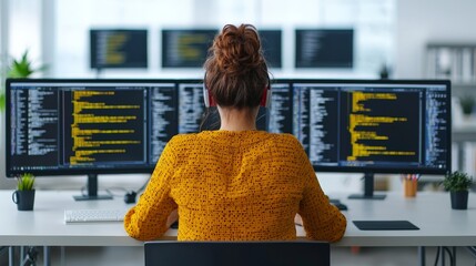 Woman programmer coding on multiple monitors in a modern office.