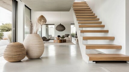 Poster - Modern Interior Design Featuring Elegant Wooden Stairs, Natural Elements, and Minimalist Decor in a Sophisticated Living Space
