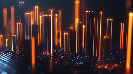 Leinwandbilder - Abstract Representation of Data Visualization with Bright Orange and White Light Bars Over Dark Background, Symbolizing Digital Connectivity and Technology Trends