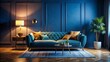 © Danicha - Elegant Night Photography of a Modern Living Room Interior Featuring a Plush Sofa Against a Dark Blue Wall, Perfect for Showcasing Home Decor and Interior Design Ideas