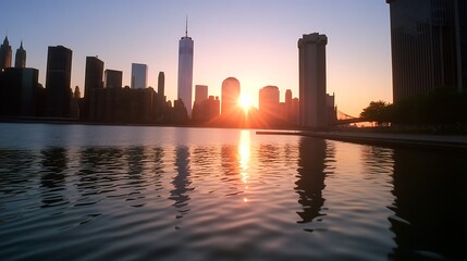 Canvas Print - City skyline at sunset reflecting on water.