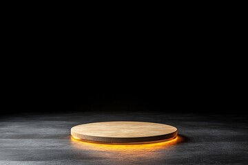 Poster - A circular wooden platform illuminated with orange light against a dark backdrop.