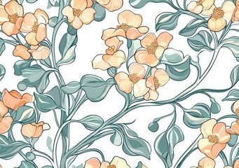 Poster - Elegant floral pattern featuring delicate peach flowers intertwined with green leaves on a light background, perfect for textile and wallpaper design.