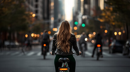 Bicyclist navigating through a city street during evening hours with soft lights illuminating the scene