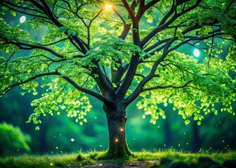 Wall Mural - Enchanting Low Light Photography of a Majestic Green Tree Surrounded by Mystical Shadows and Gentle Light, Perfect for Nature Lovers and Tranquil Landscapes