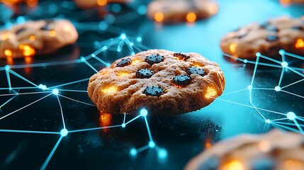 Wall Mural - Anti tracking, cookies. A visually striking image of cookies interconnected by glowing lines, symbolizing a blend of technology and culinary delight.