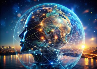 Wall Mural - Exploring the Future of Autonomy in Artificial Intelligence: A Double Exposure of a Globe and Neural Network Representing Chatbot Innovations and Algorithms