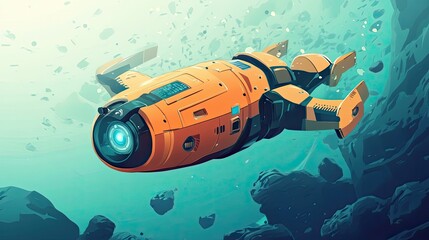 Wall Mural - orange futuristic submersible vehicle surrounded by rocks