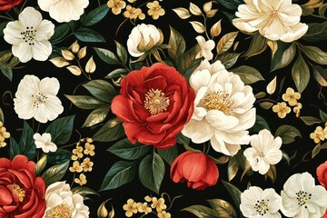 Canvas Print - Elegant floral pattern featuring vibrant red and white roses along with delicate white flowers and intricate green leaves on a black background.