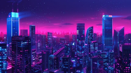 a vibrant, synthwave-style cityscape at night with a pink and blue sky.