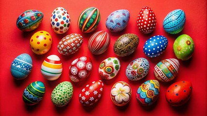 Wall Mural - Handpainted Easter Eggs on a Bright Red Background - Vibrant, Artistic Decor with Space for Text, Perfect for Celebrating Spring Festivities and Holiday Promotions