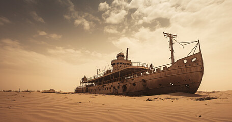 A rusted ship rests in the Namib Desert under a cloudy sky during the afternoon