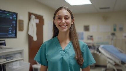 Wall Mural - Cheerful female doctor in scrubs smiles warmly in a hospital room, embodying dedication and care in healthcare setting