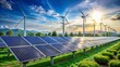© Danicha - Hybrid Energy Solutions: Rows of Polycrystalline Silicon Solar Panels and Wind Turbines Generating Clean Electricity Under a Bright Blue Sky in a Sustainable Power Plant