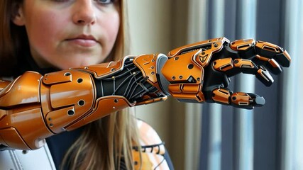 Aufkleber - A young woman demonstrates a striking robotic arm featuring intricate details and an innovative design. The setting emphasizes the fusion of technology and human capability.