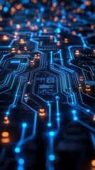 Leinwandbilder - Glowing blue circuit board with orange nodes.