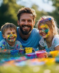 Happy LGBTQ family enjoying a colorful painting activity in a sunny outdoor setting