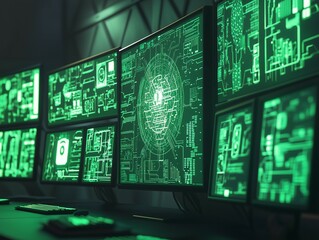 a realistic photo featuring multiple computer screens arranged together, all displaying green screen
