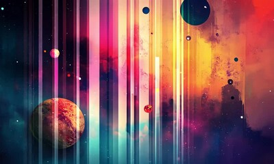 Wall Mural - vibrant cosmic landscape with colorful planets and striking vertical lines against a starry backgrou
