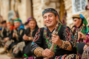 India with Traditional Clothing , Music and Dance. A joyful group of musicians in traditional attire performing, showcasing cultural heritage and vibrant expressions in a historic setting.