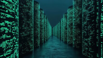 A long hallway with many green buildings