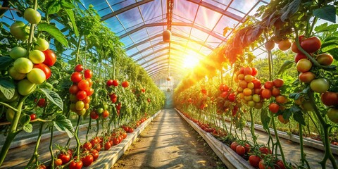 Poster - Lush Greenhouse Harvest: Picking Ripe Tomatoes Surrounded by Vibrant Foliage and Sunlight in a Serene Agricultural Setting