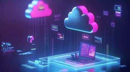 Cloud computing concept with laptop and data.
