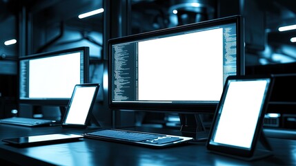 Desk with blank screen computers, tablets, keyboard.