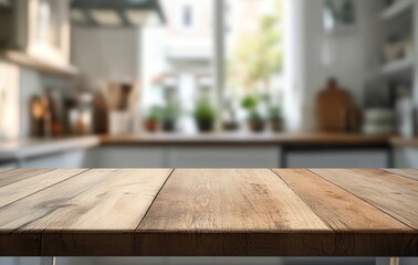 Empty wooden table in a blurred modern kitchen with a window.