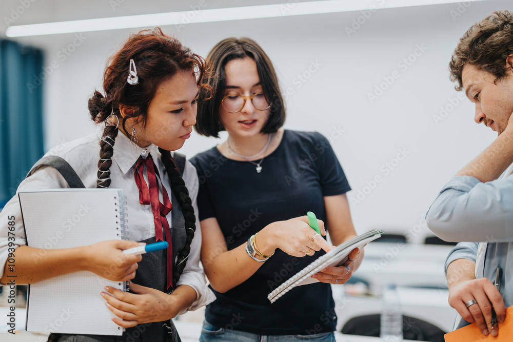 Three students engage in a collaborative discussion, reviewing notes ...