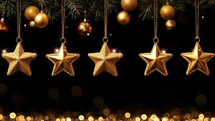 Wall Mural - Sparkling Gold Christmas Stars Ornaments on Fir Branches