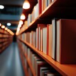 © vinod - bookshelves in a modern library with warm lighting