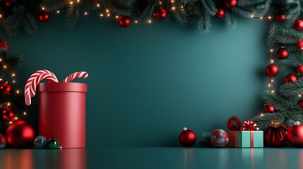 Poster - Festive Christmas Scene with Red Ornaments Pine Branches and Gifts on Dark Background : Generative AI