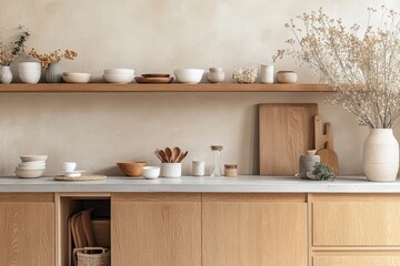 Minimalist kitchen interior with wooden shelves, cabinets, and countertop, featuring a vase with dried flowers and various kitchen utensils and dishes.