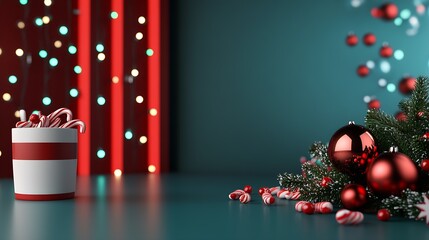 Aufkleber - Christmas Candies and Baubles with Festive Bokeh Lights on Dark Teal Background : Generative AI