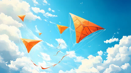 Wall Mural - Illustration of orange kites flying against a blue sky and fluffy white clouds, celebrating kite day with a colorful festive atmosphere. Colorful Kite Festival. Illustration