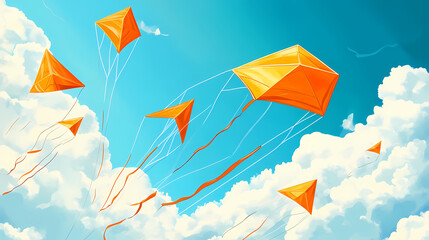 Wall Mural - Illustration of orange kites flying against a blue sky and fluffy white clouds, celebrating kite day with a colorful festive atmosphere. Colorful Kite Festival. Illustration