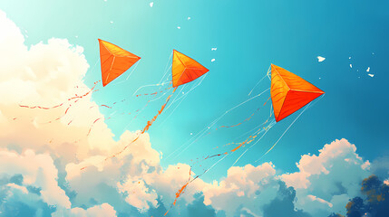 Wall Mural - Illustration of orange kites flying against a blue sky and fluffy white clouds, celebrating kite day with a colorful festive atmosphere. Colorful Kite Festival. Illustration